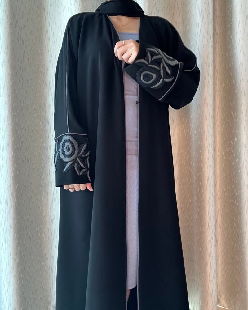 black classic abaya with grey floral embroidery