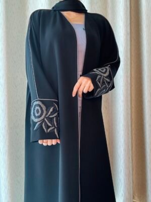 black classic abaya with grey floral embroidery