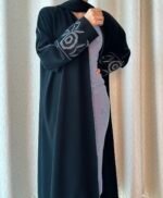 black classic abaya with grey floral embroidery