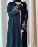 black classic abaya with grey floral embroidery