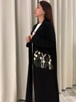 black coat abaya with floral detailing