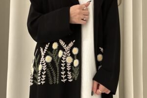black coat abaya with floral detailing