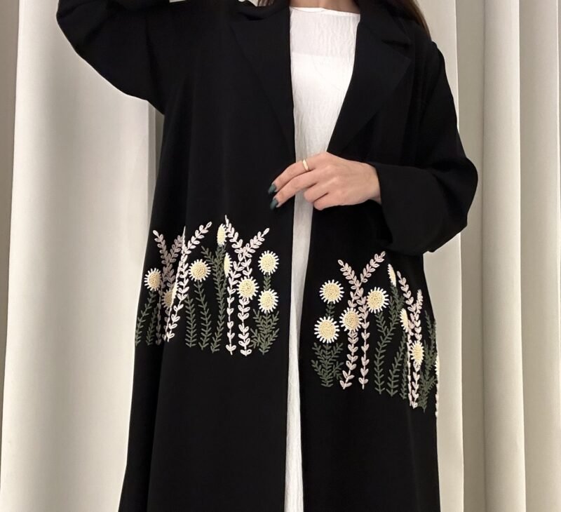 black coat abaya with floral detailing