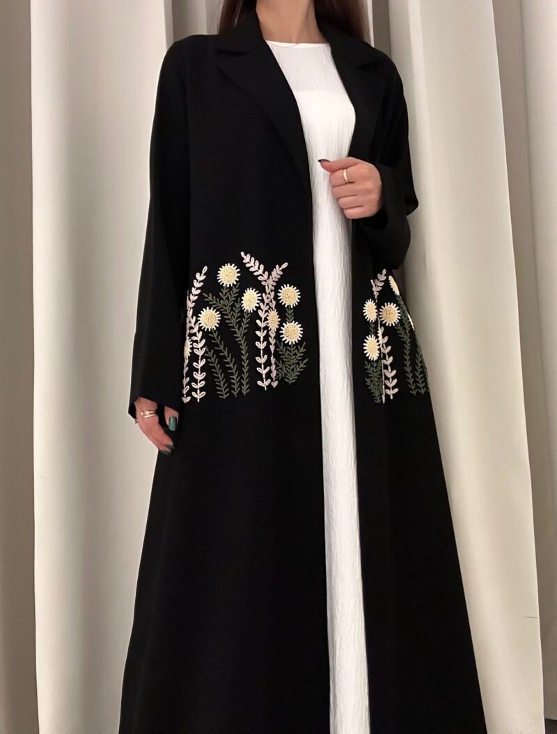 black coat abaya with floral detailing